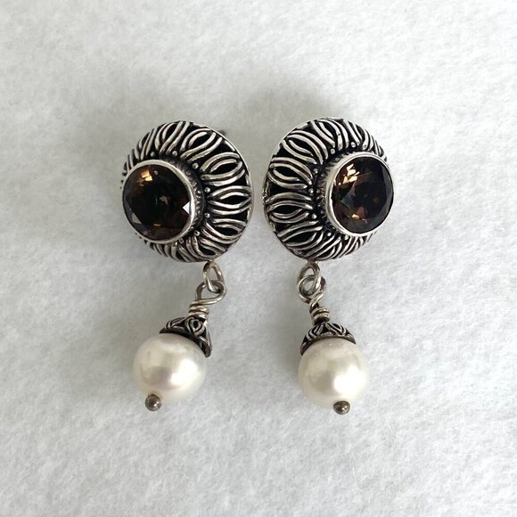 Sterling Silver 925 1.5" Signed Round Smoky Quartz & Pearl Dangle Drop Earrings - Picture 3 of 16